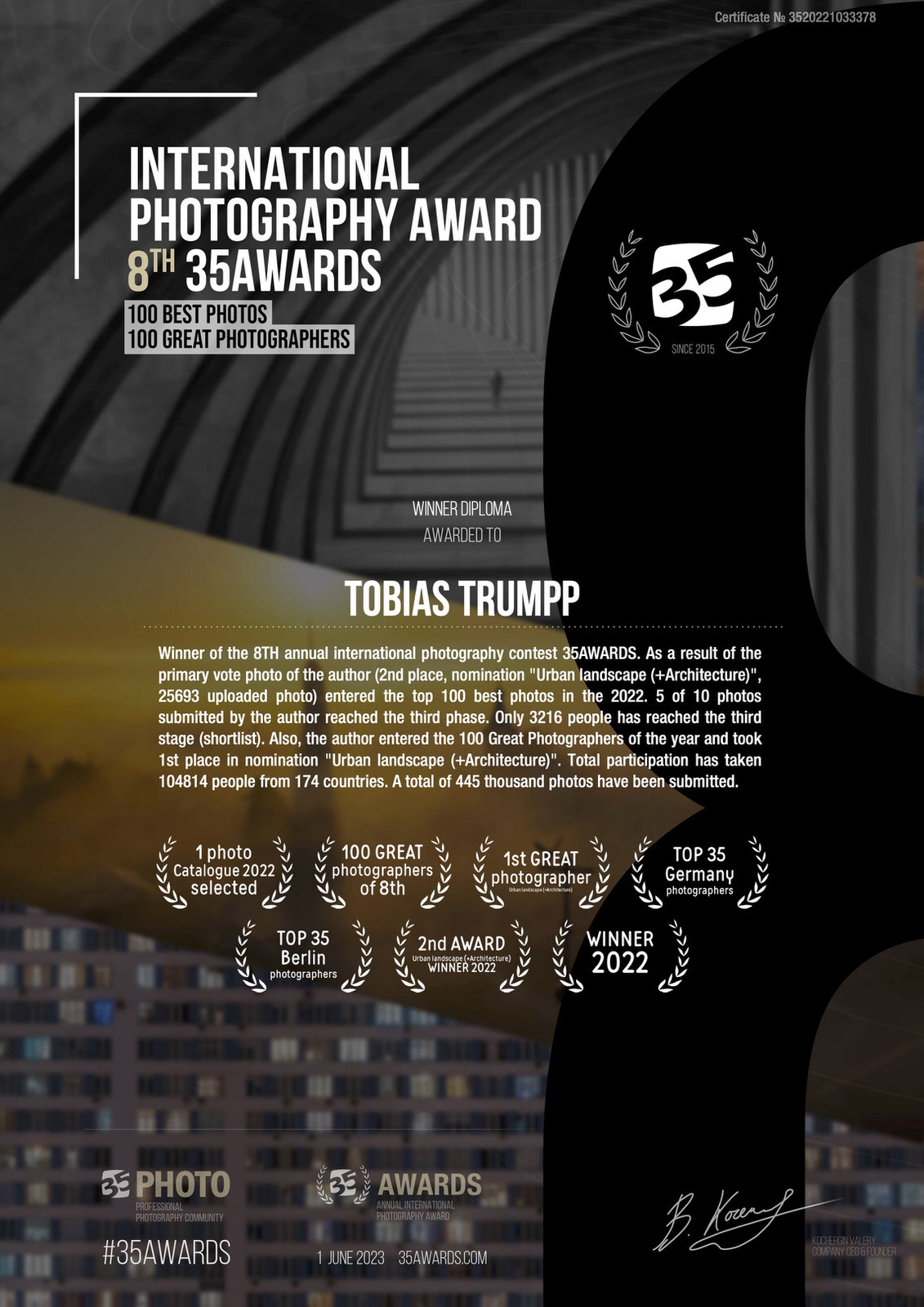 fine art architecture certificate of the 2022 35 awards by tobias trumpp