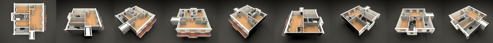 serie von 3d grundrissen einer unmoeblierten wohnung
